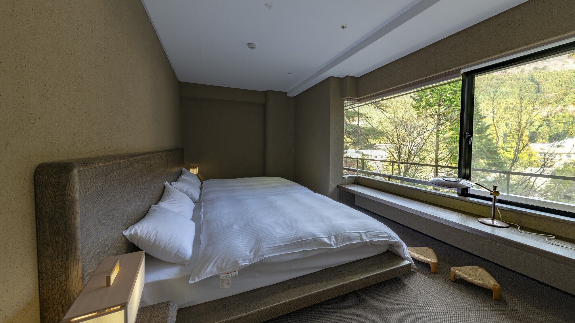 A modern bedroom with a large bed, a window with a view of trees, and a small bedside table.
