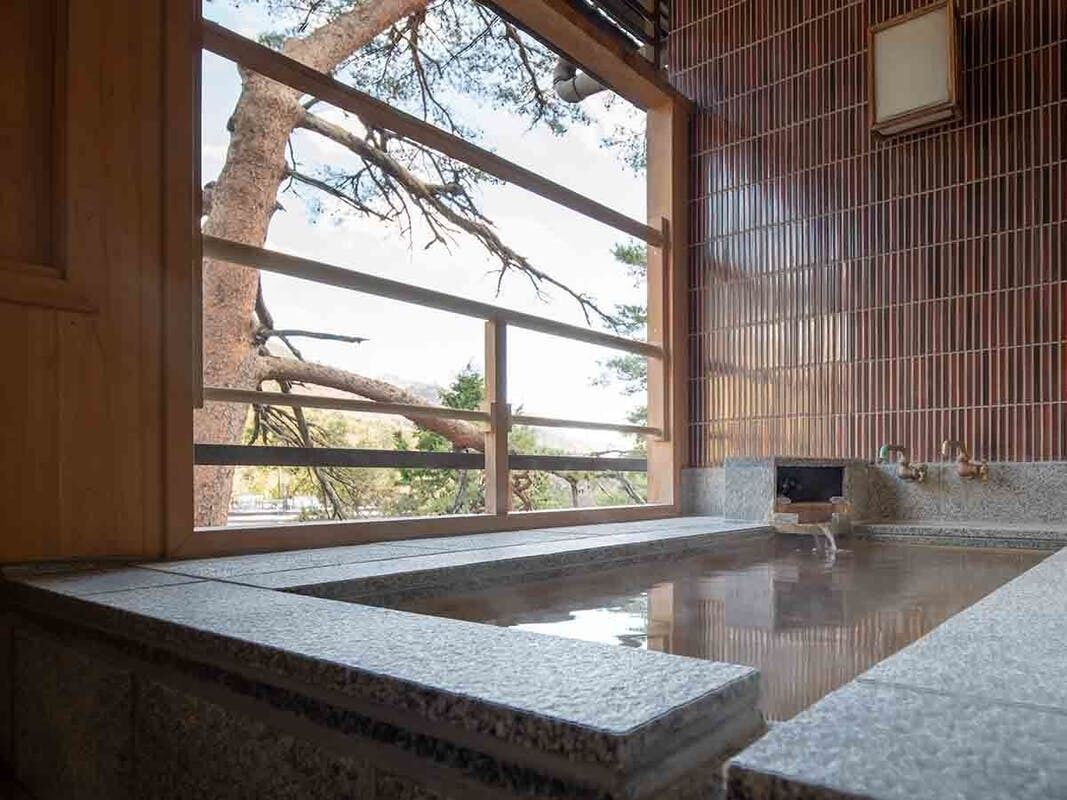 A traditional Japanese onsen with a stone bath, wooden sliding doors, and a view of a tree outside.