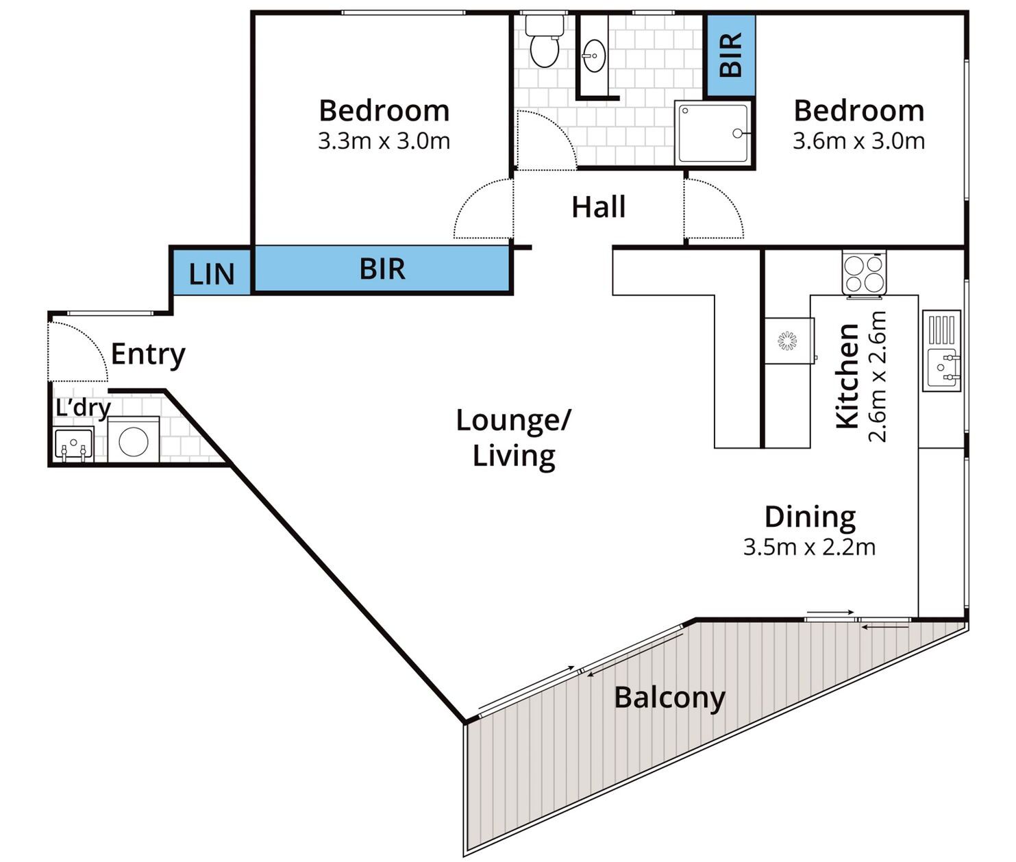 A floor plan of a hotel with two bedrooms, a lounge, a dining area, a kitchen, a balcony, and an entry with a laundry room.