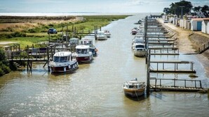 Een jachthaven met boten afgemeerd langs de waterkant, verbonden door houten steigers.