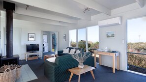 TV, fireplace, DVD player, music library