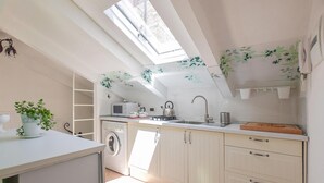 A compact kitchen with a skylight, a washing machine, and a microwave.