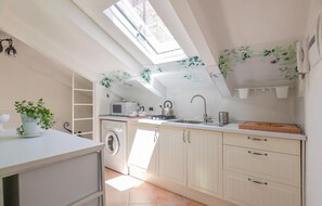 Frigorífico, placa de cocina y utensilios de cocina