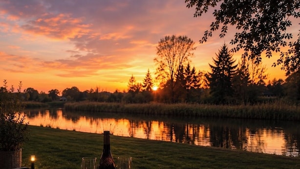 Vista del atardecer sobre un lago, con una mesa para dos, copas de vino, una botella y una vela.