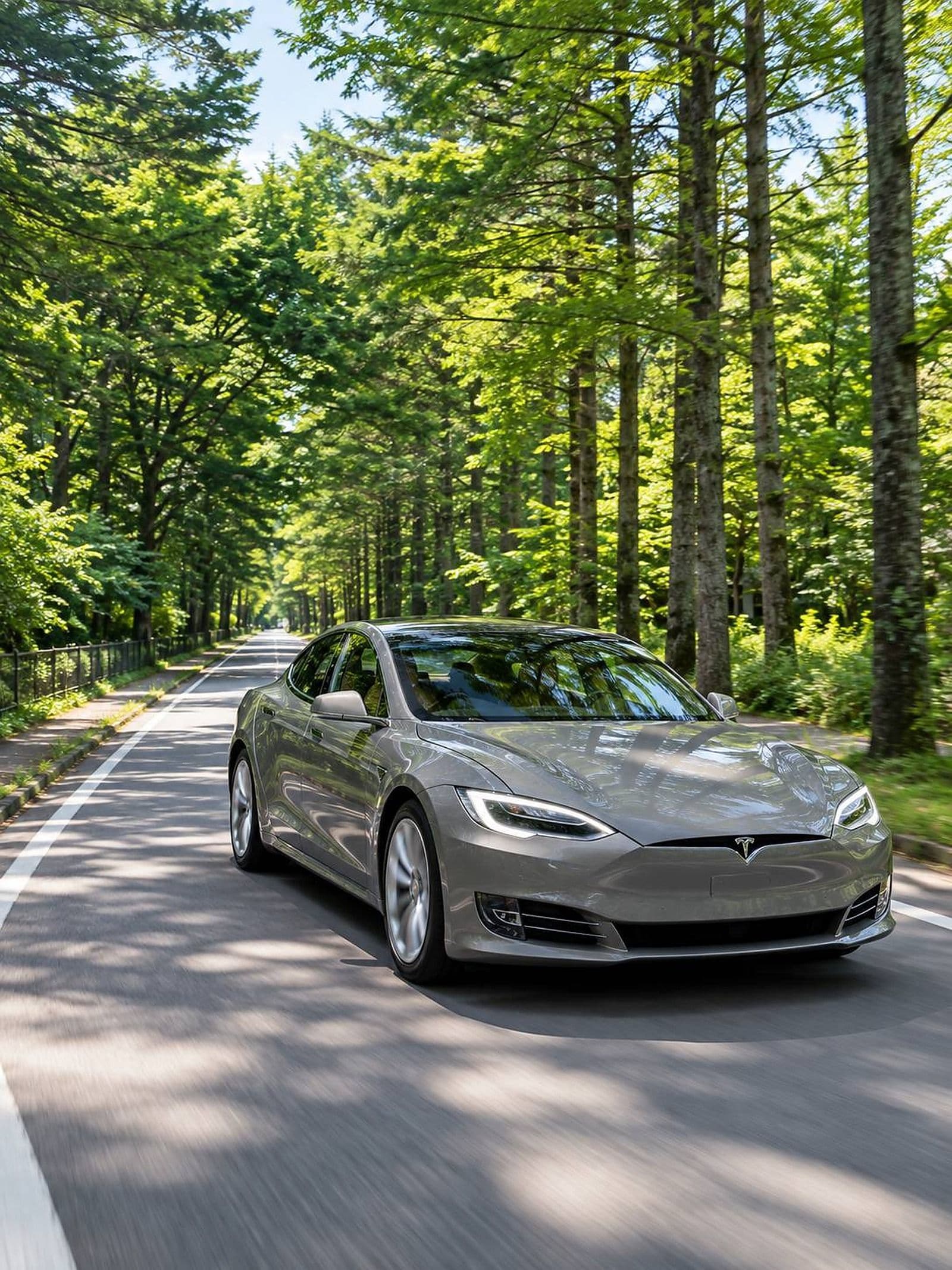 A silver sports car driving on a road surrounded by trees.