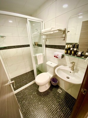 Shower, free toiletries, hair dryer, slippers