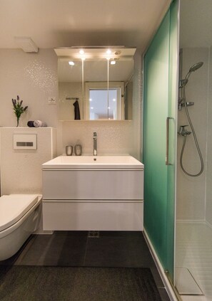 Une salle de bain avec un lavabo blanc, un miroir et une douche. Il y a des toilettes sur la gauche et une petite plante accrochée au mur.