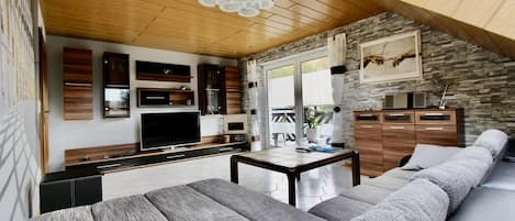 Smart TV, fireplace, DVD player, music library