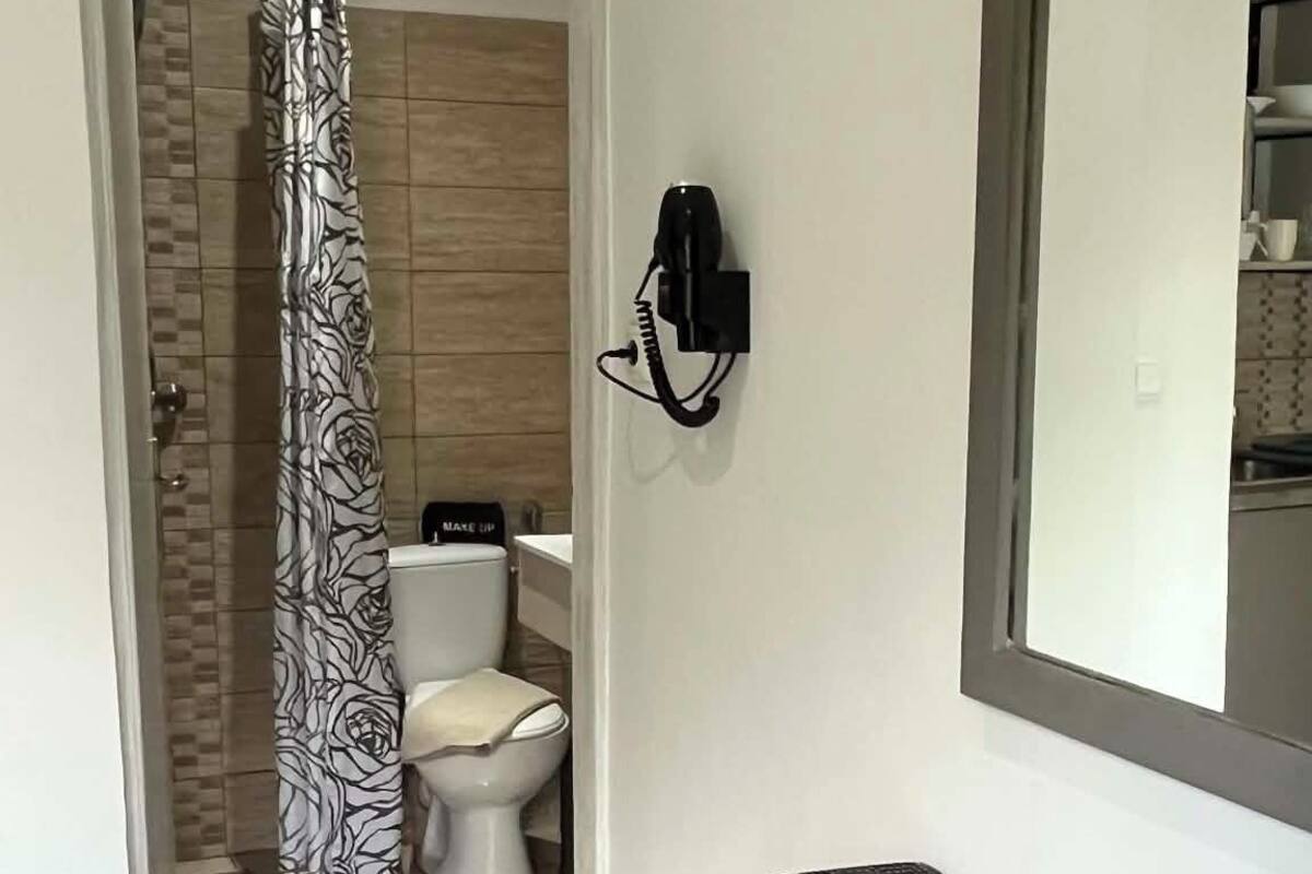 A bathroom with a shower, toilet, and a vanity with a mirror.