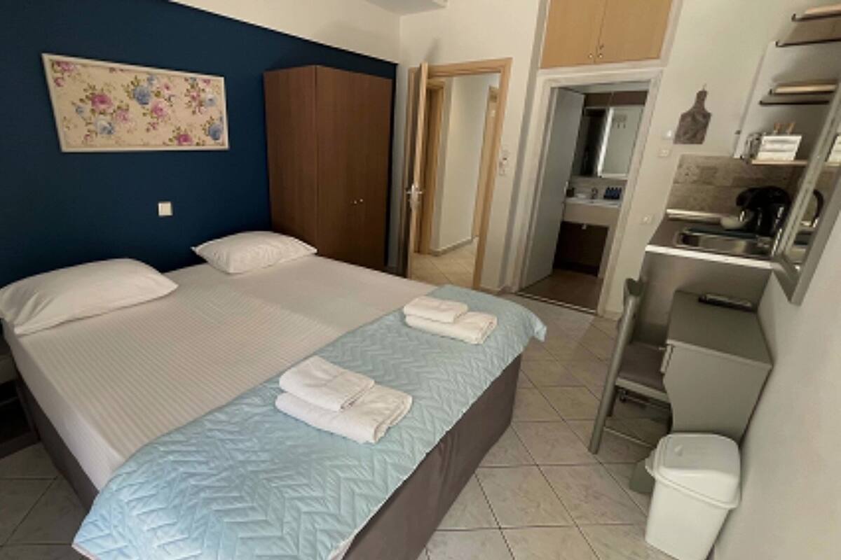 A bedroom with a bed, a wardrobe, a bathroom, and a kitchenette.