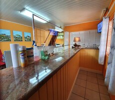 A kitchen with a granite countertop, a sink, and a mirror. There are cleaning supplies on the counter.