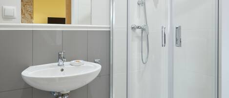 A modern bathroom with a glass-enclosed shower, a white sink, and a mirror above the sink.