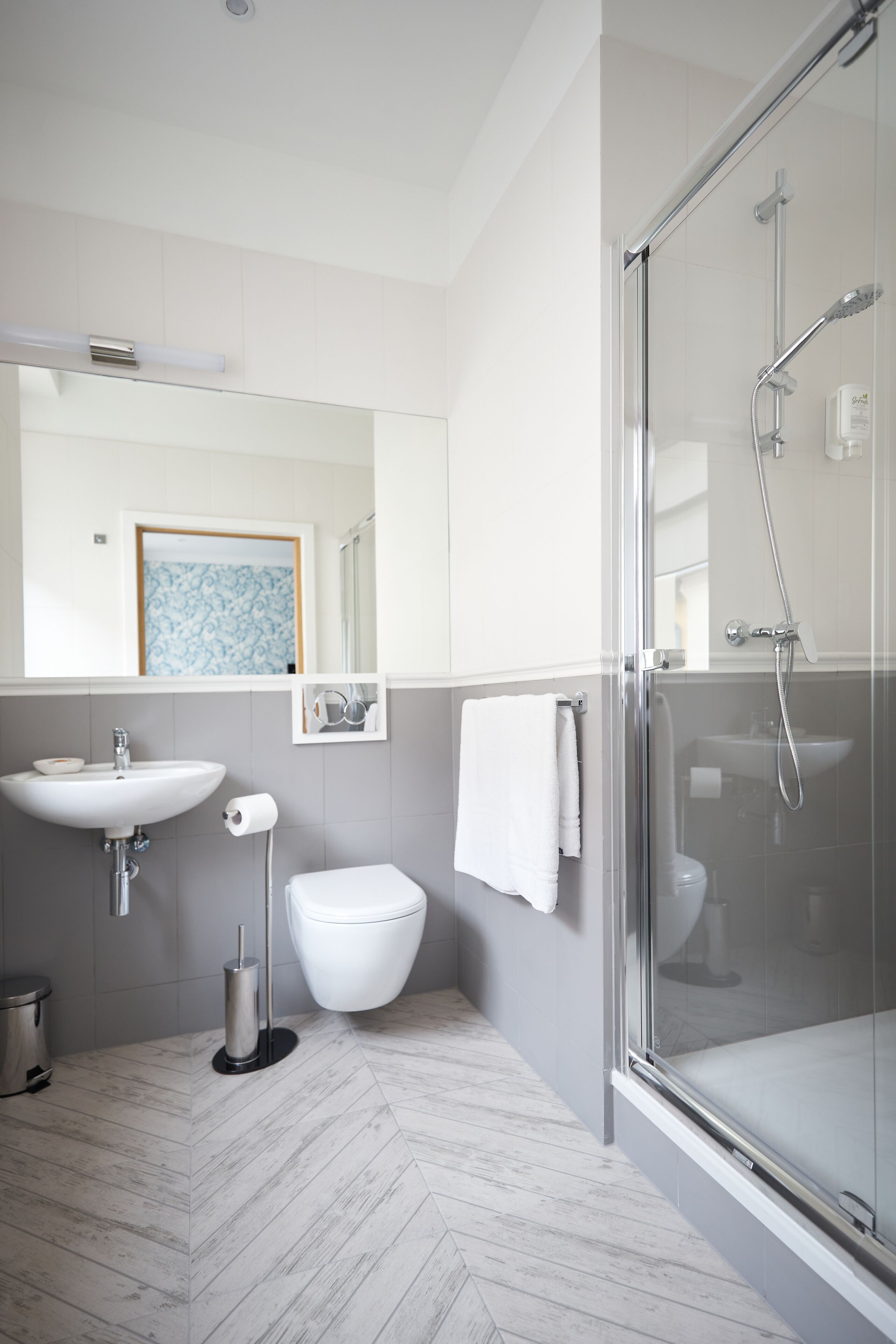 standard room | bathroom | shower, hair dryer, towels, soap