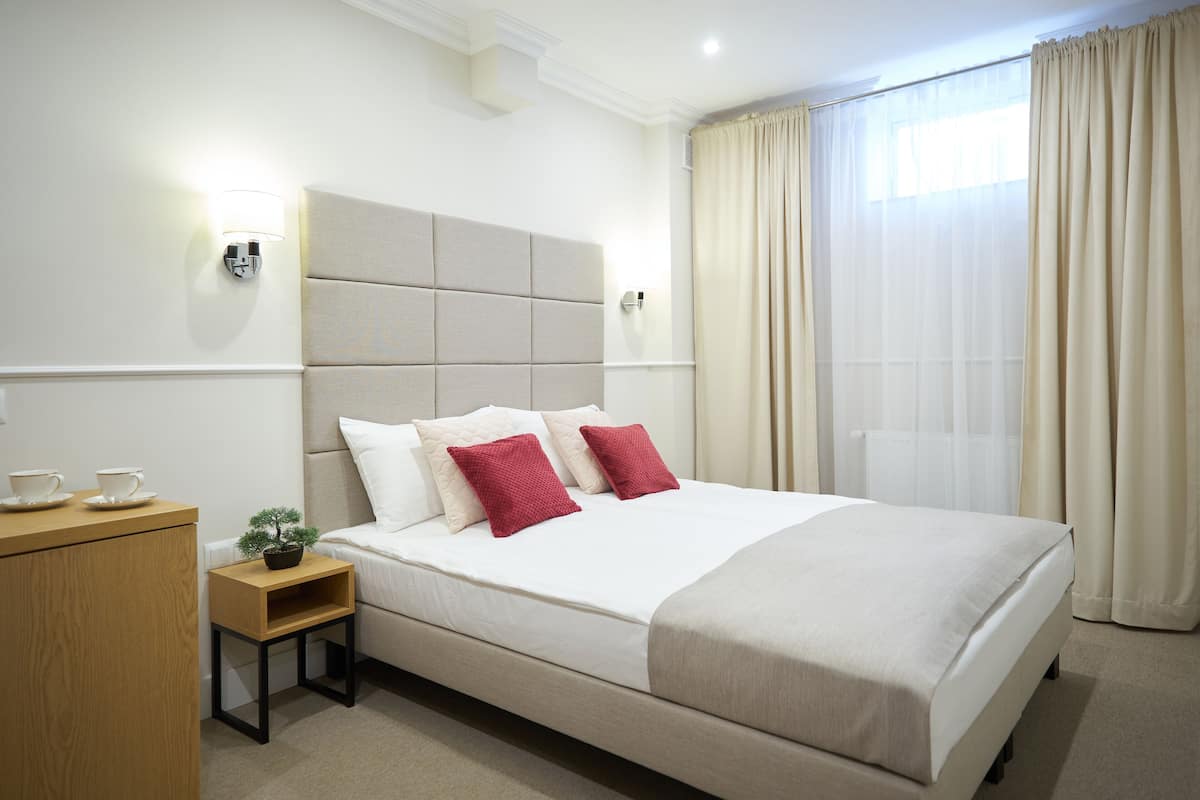 A hotel room with a large bed, a bedside table with a lamp, a small plant, and a window with curtains.