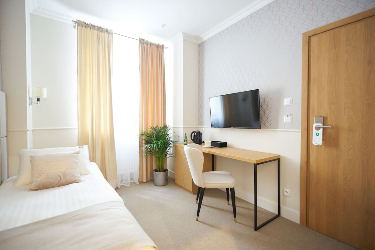 A hotel room with a bed, a desk, a chair, a television, a potted plant, and a wooden door.
