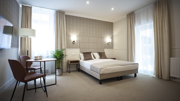 Una habitación de hotel moderna con una cama grande, un escritorio con una silla, una planta en maceta y vistas al exterior.