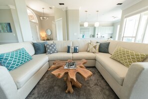 TV, fireplace, books