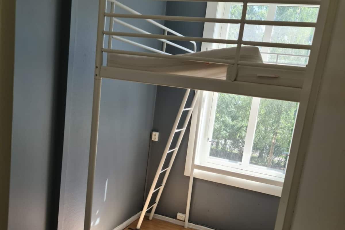 A room with a bunk bed, a window, and a ladder.