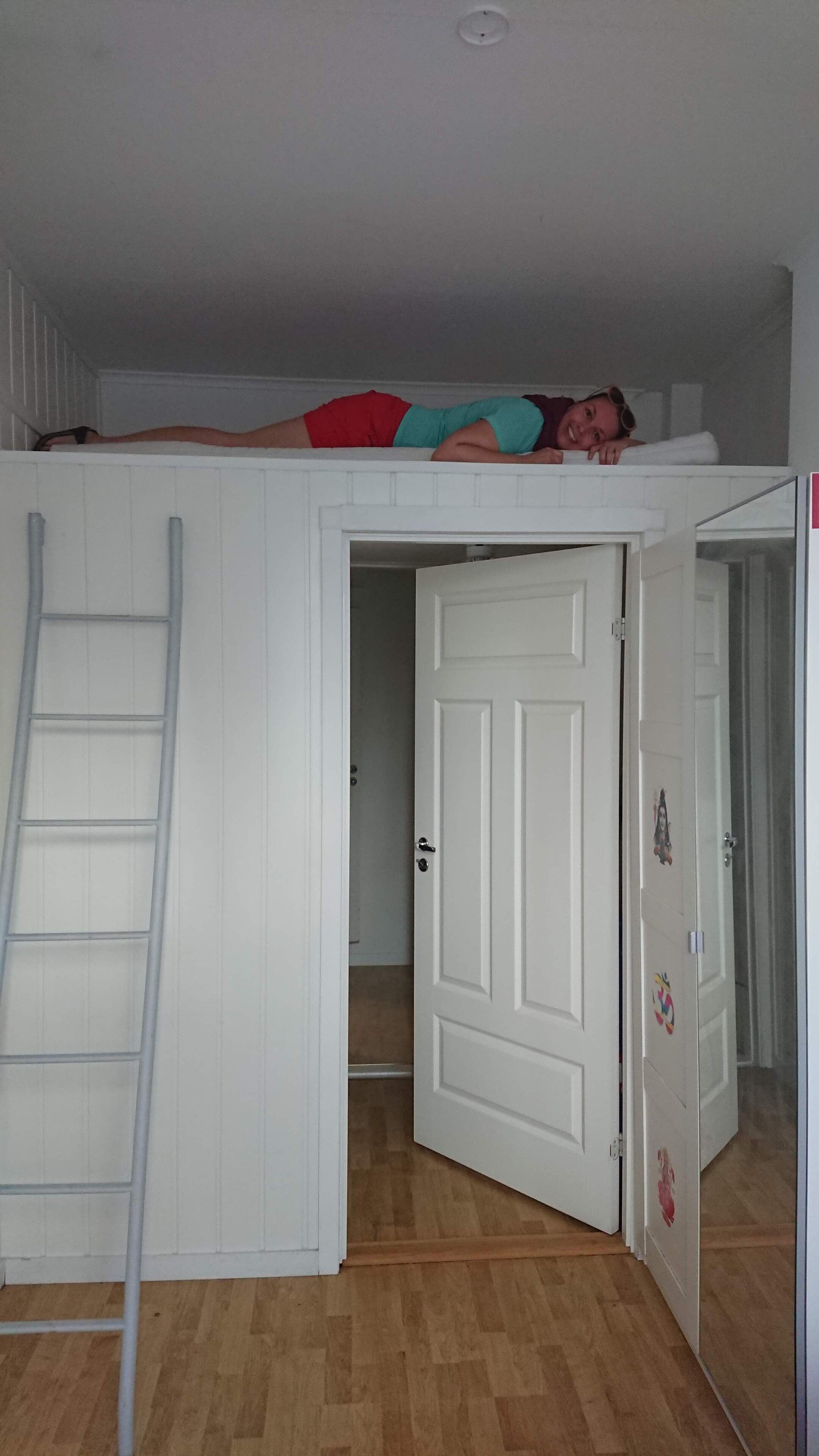 A room with a loft bed, a ladder, and a door leading to another room.