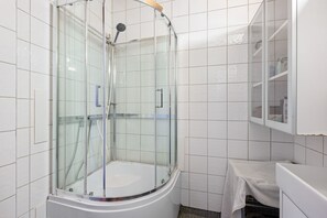 A small, enclosed shower area with a glass door, a white sink, and a cabinet above the sink.