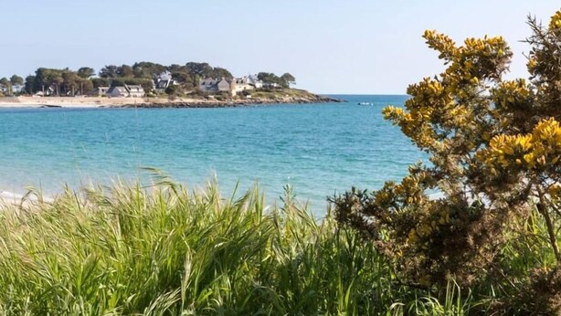 Une vue sur la côte, avec une eau bleue et limpide, une plage de sable et une rangée de maisons sur une colline.
