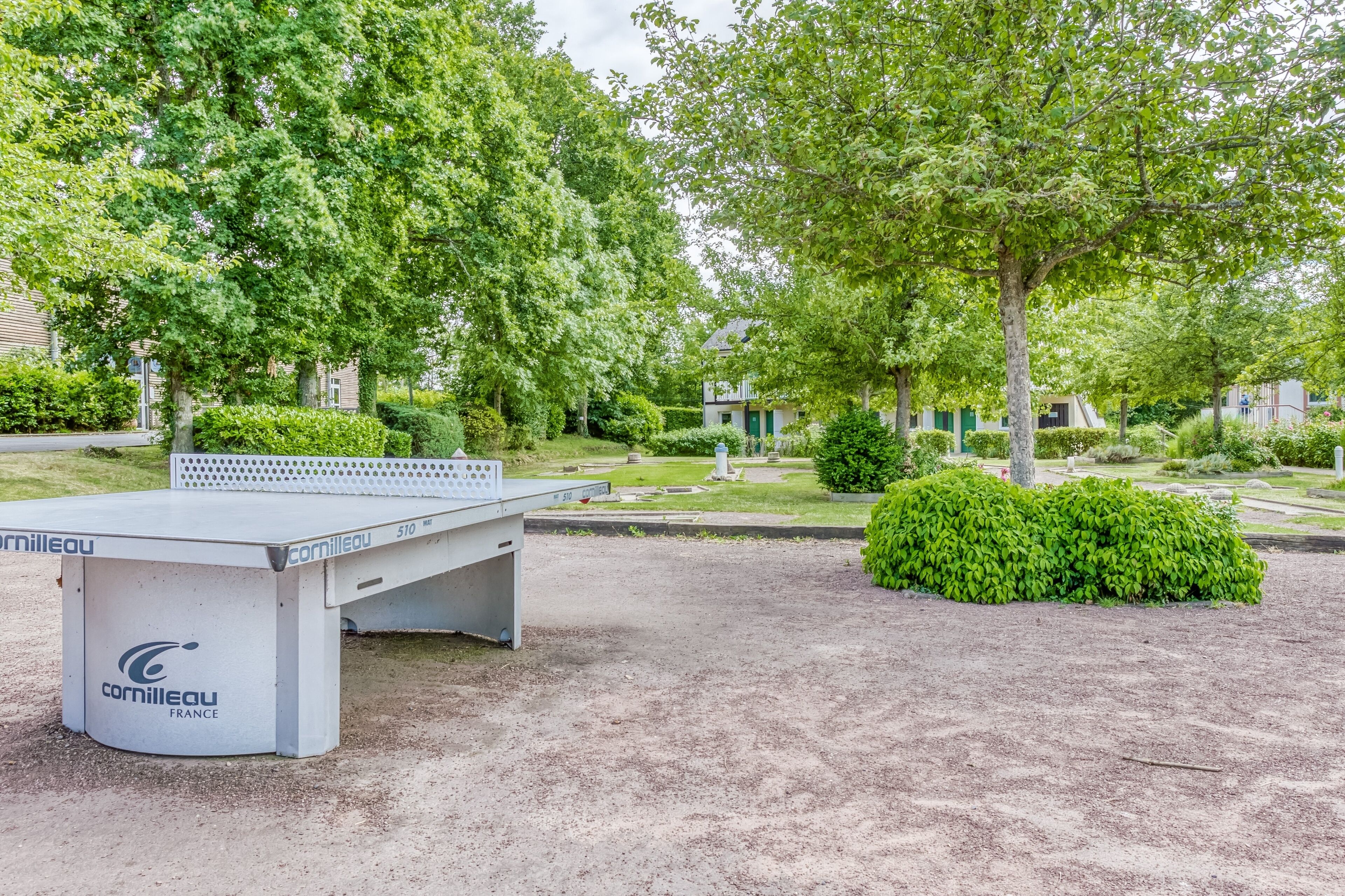 Een tafeltennistafel met het merk "Cornilleau France" in een parkachtige omgeving met bomen en een verzorgd gazon.