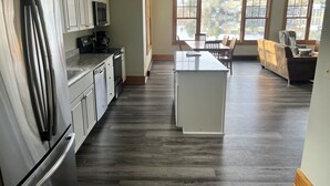 A modern kitchen with a central island, built-in appliances, and large windows offering a view of a lake. - Lake Placid Club Boat House Residences 3 Bedroom (Lake Placid)