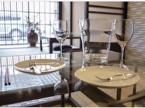 Fridge, microwave, stovetop, cookware/dishes/utensils