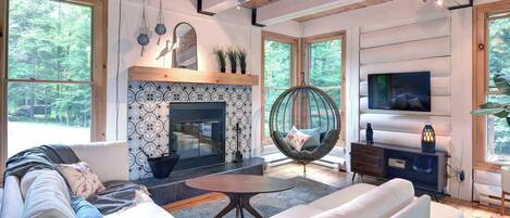 Télévision, cheminée, espaces bureaux