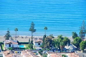 Enjoy breathtaking views of the ocean and beach from this coastal hotel's rooftop pool area, surrounded by lush greenery and tall trees.