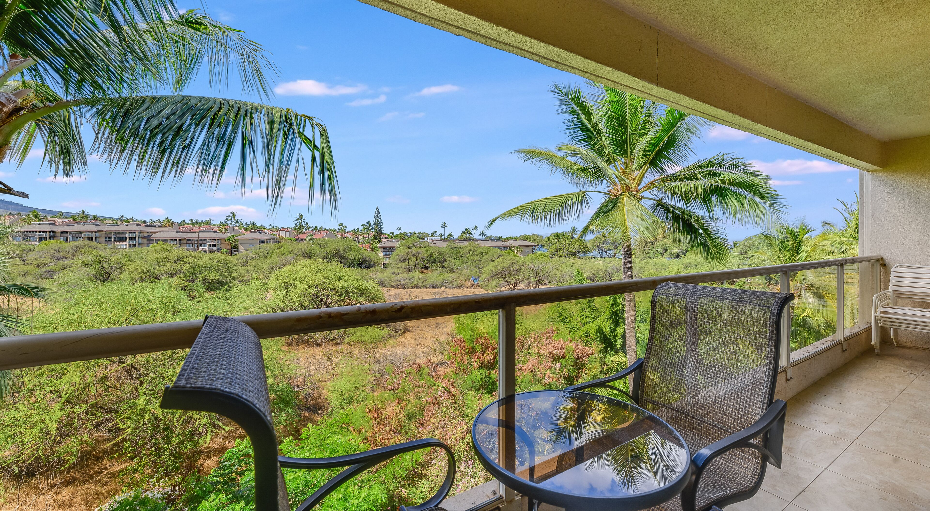 A balcony with two wicker chairs and a glass table, overlooking a lush landscape with palm trees and a distant building complex.