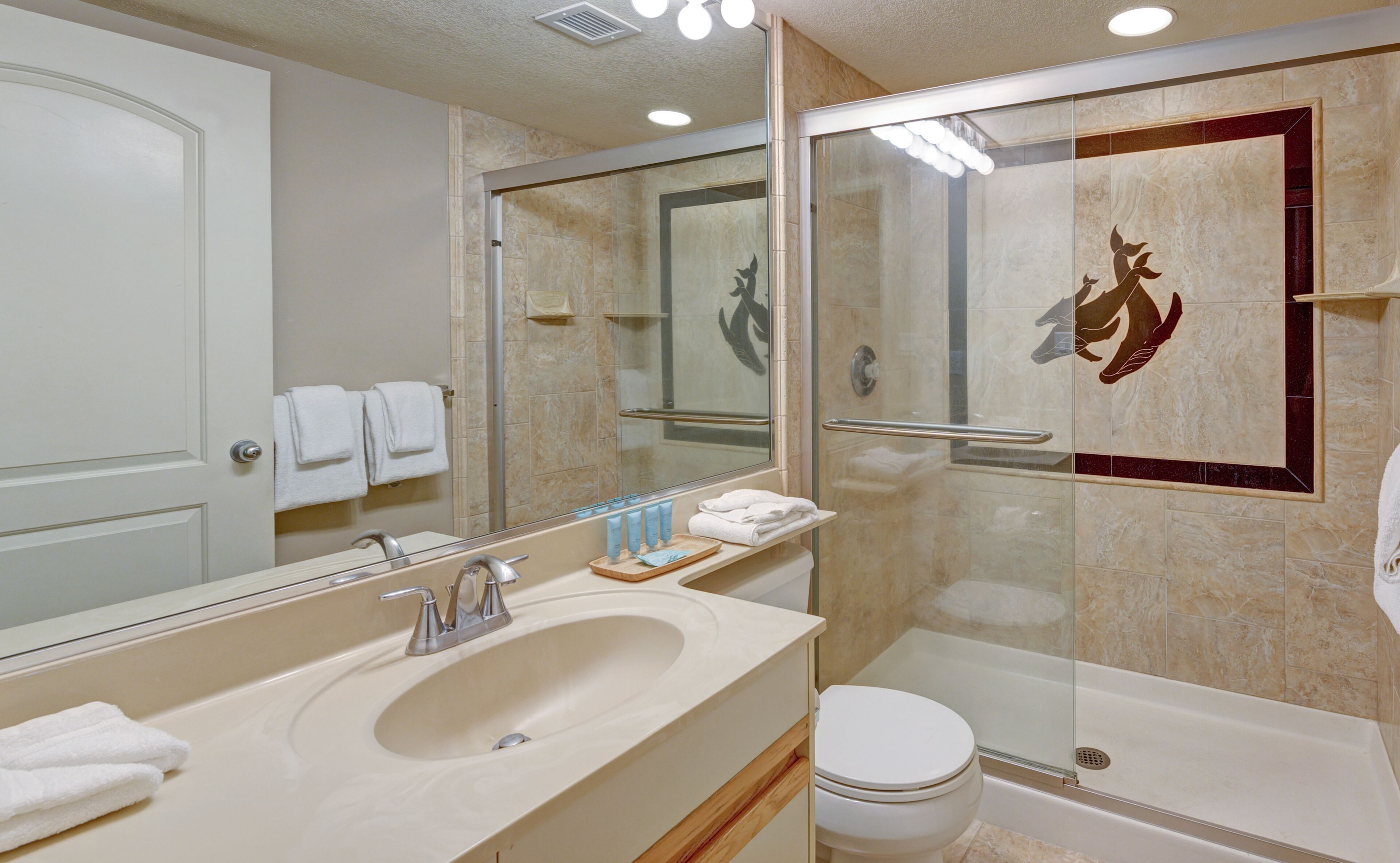 Une salle de bain équipée d’un lavabo, d’un miroir, d’une douche en verre et de toilettes.