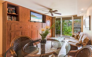 Condo, 1 Bedroom, Garden View | Living room | 32-inch flat-screen TV with cable channels, TV, DVD player - Castle at Maui Banyan (Kihei)
