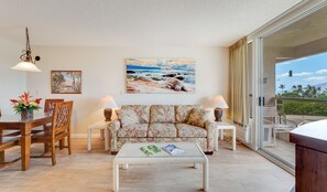 Condo, 1 Bedroom, Partial Ocean View | Living area | 32-inch flat-screen TV with cable channels, TV, DVD player - Castle at Maui Banyan (Kihei)