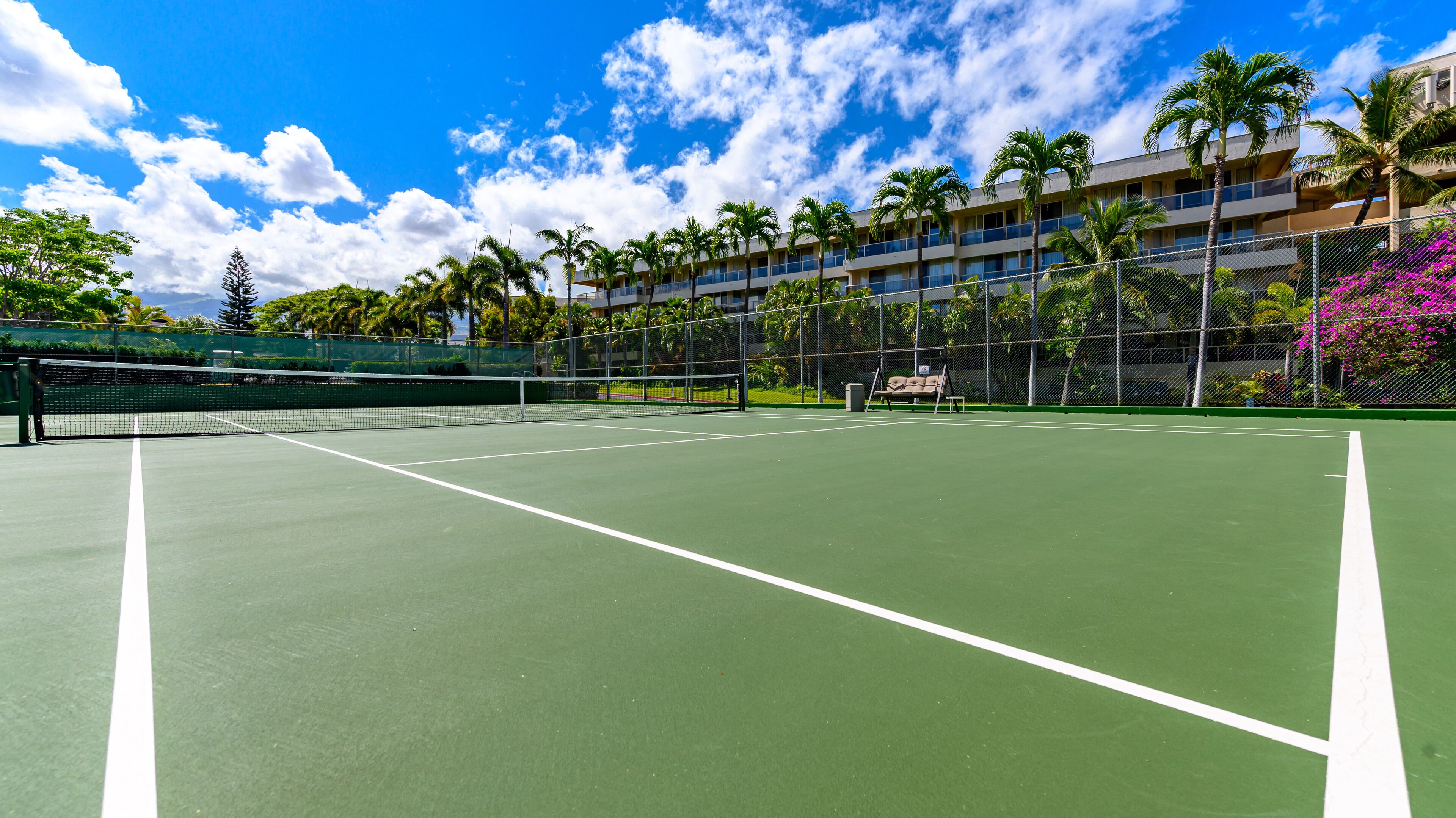 Una cancha de tenis con red, rodeada de una cerca, palmeras y un edificio al fondo.