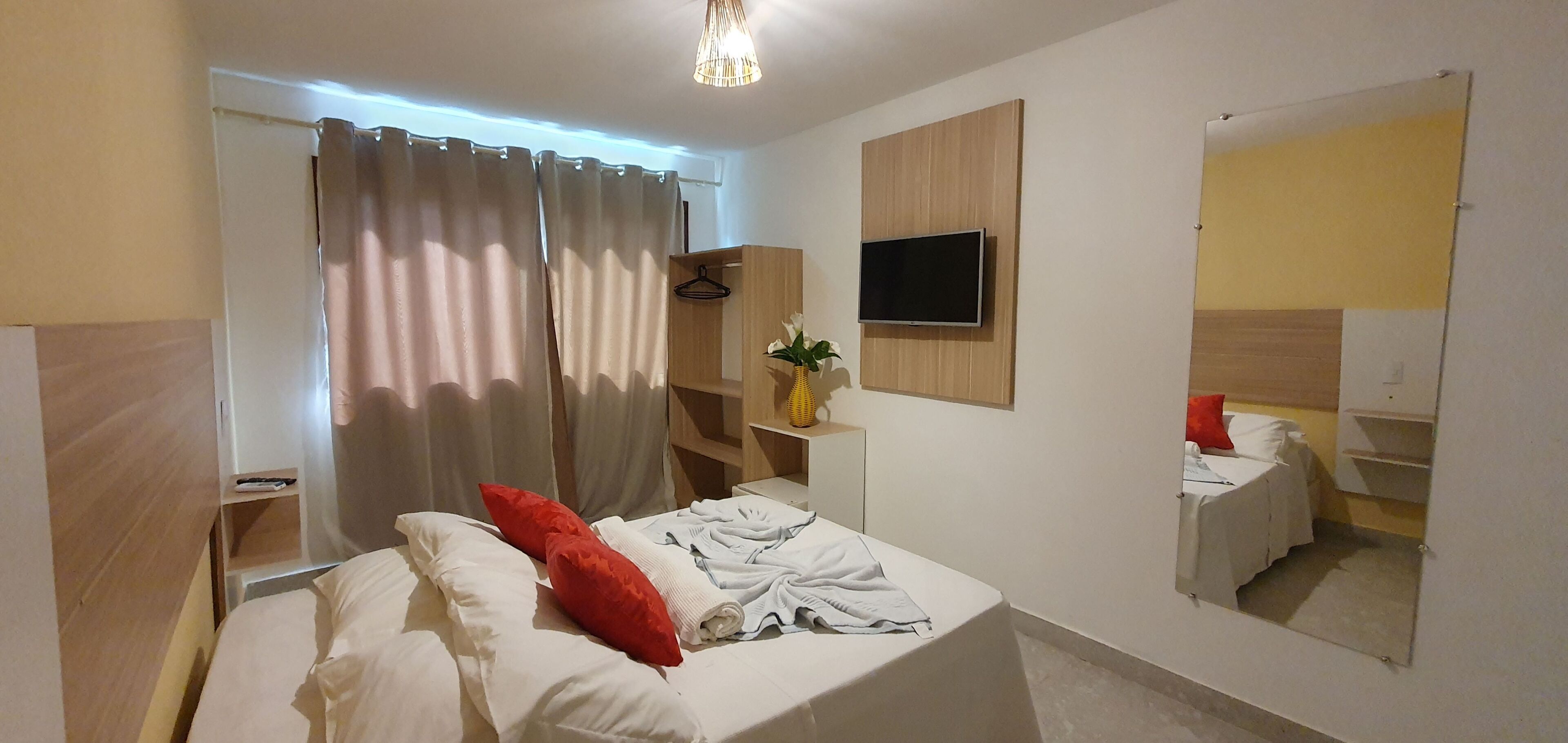 Habitación de hotel con una cama, televisión montada en la pared, espejo, una pequeña mesa con una planta y un armario.