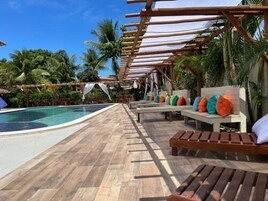 Outdoor pool, open 9:00 AM to 8:00 PM, pool umbrellas, sun loungers