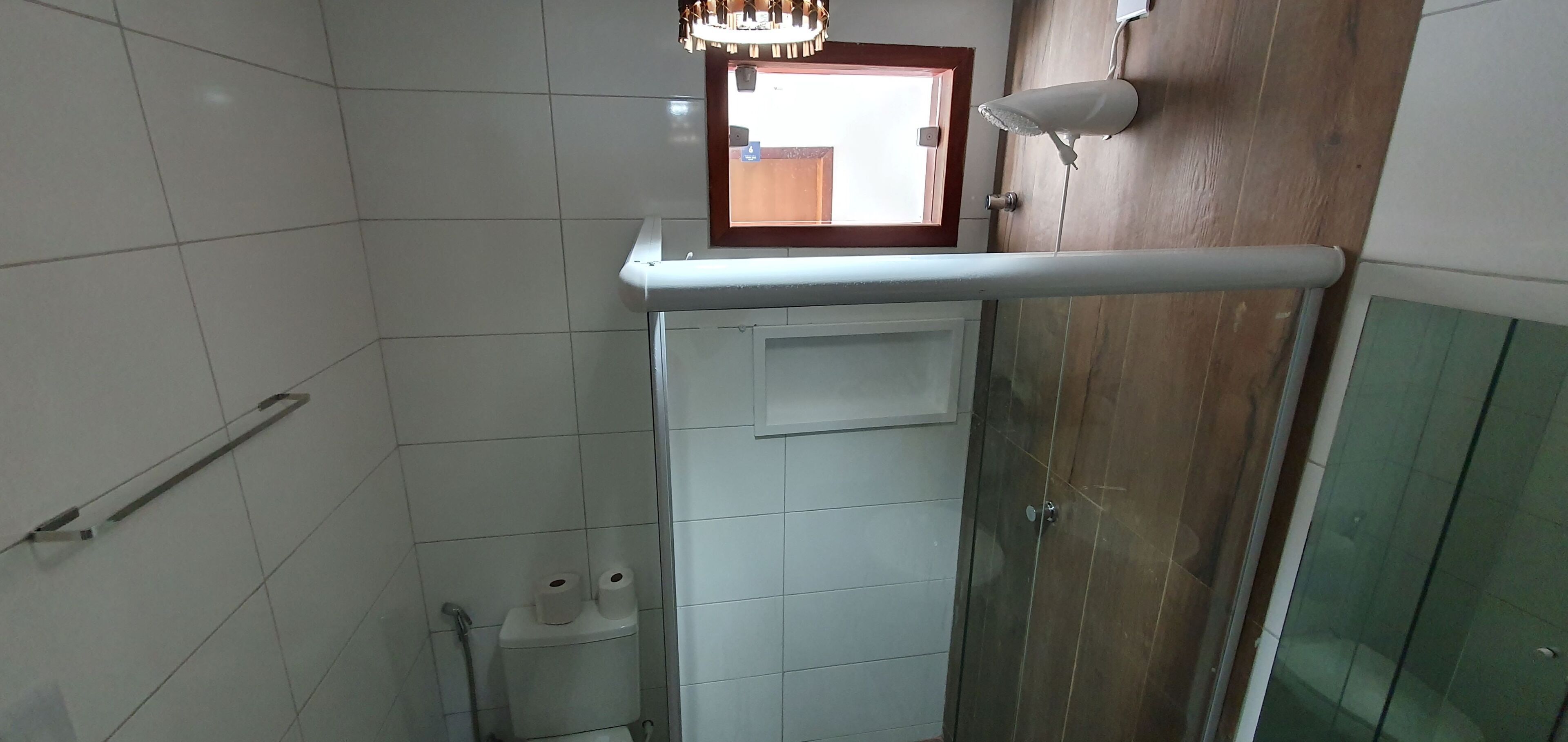A bathroom with a toilet, a shower, and a mirror above the sink.
