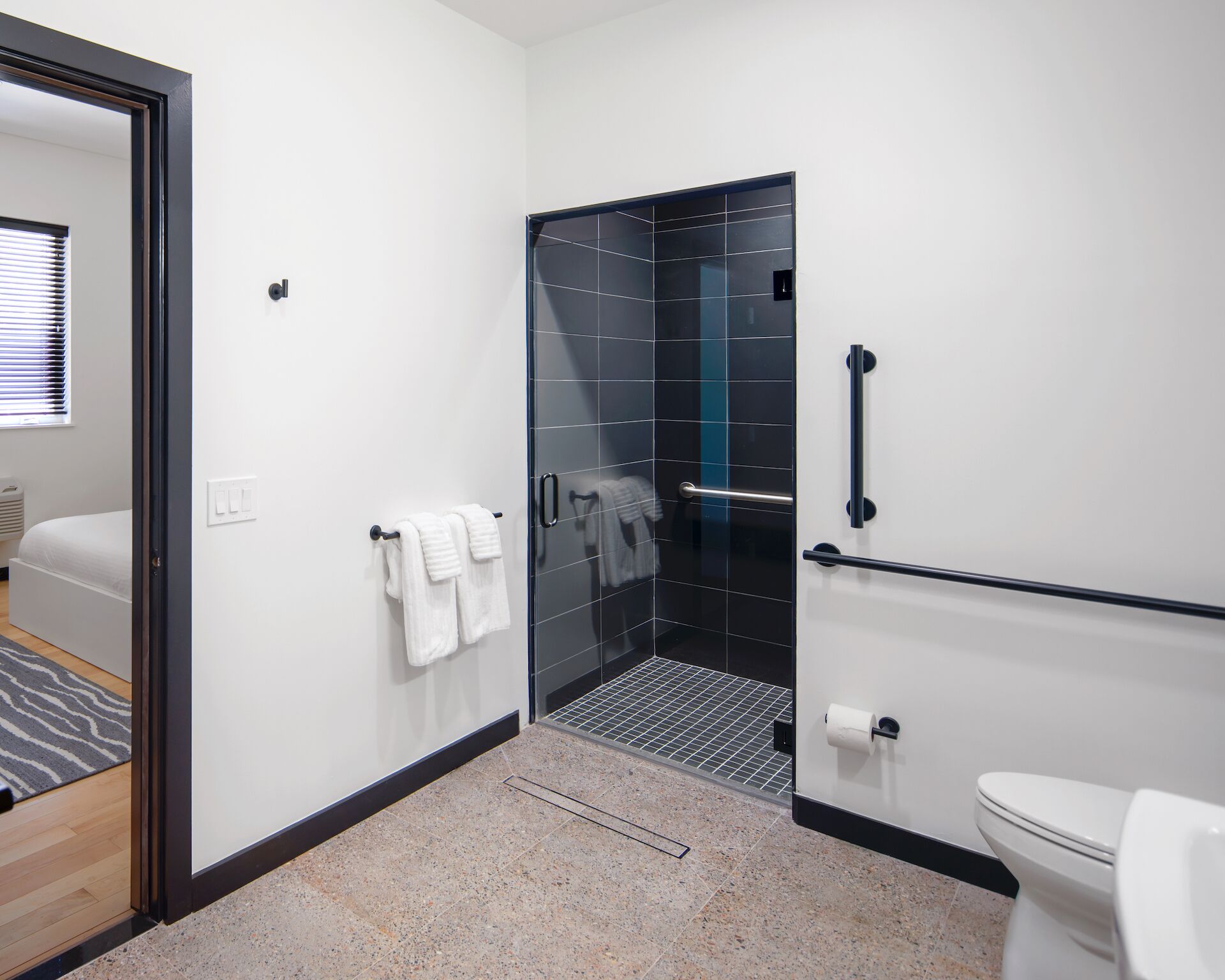A modern bathroom with a glass shower enclosure, a toilet, and a sink.