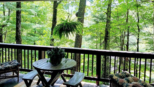 A covered deck with a table and benches, surrounded by trees. - Sky Valley Resort Family Retreat (Sky valley)