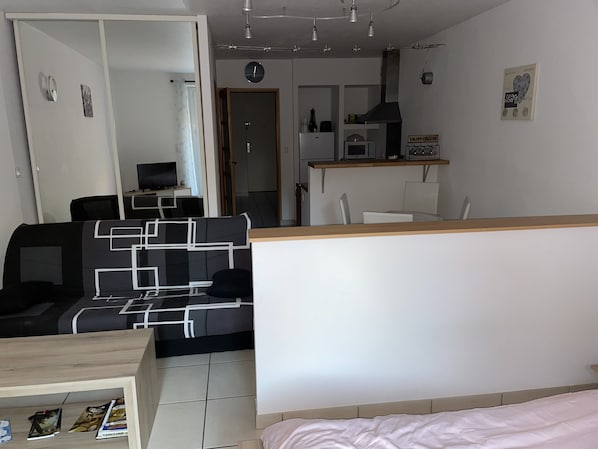 A compact living space with a kitchenette, a dining area, and a seating area with a sofa and a table.