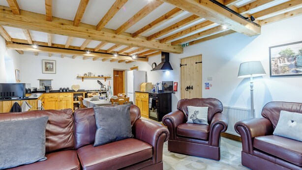 A cozy living room with leather sofas, a wooden ceiling, and a kitchen in the background.
