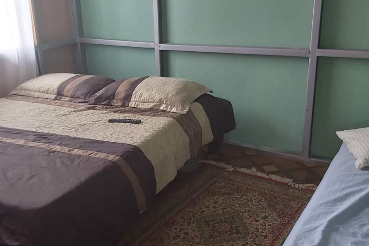 A bedroom with a bed, a remote control, a patterned rug, and a green wall.