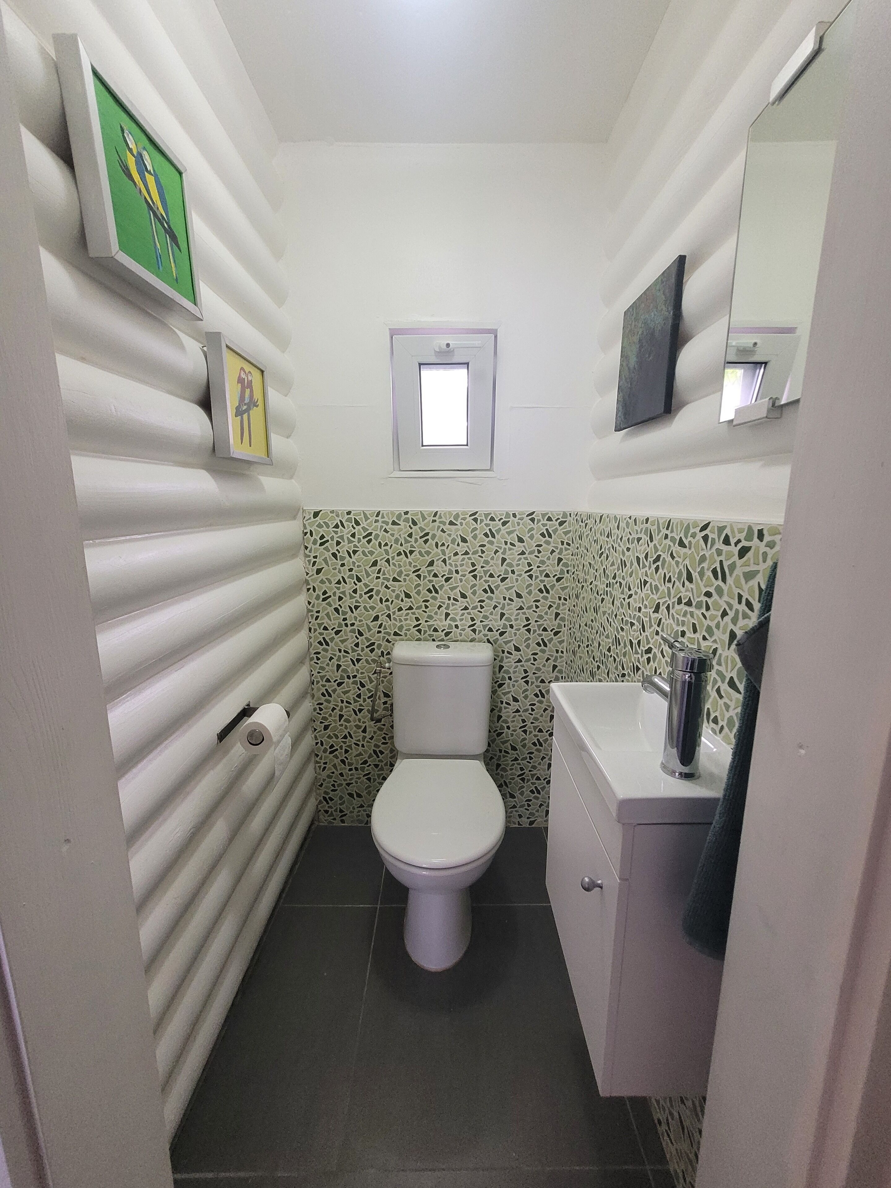 Une petite salle de bain avec des toilettes, un lavabo, un miroir et une fenêtre.