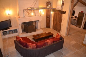 TV, fireplace, video games, foosball