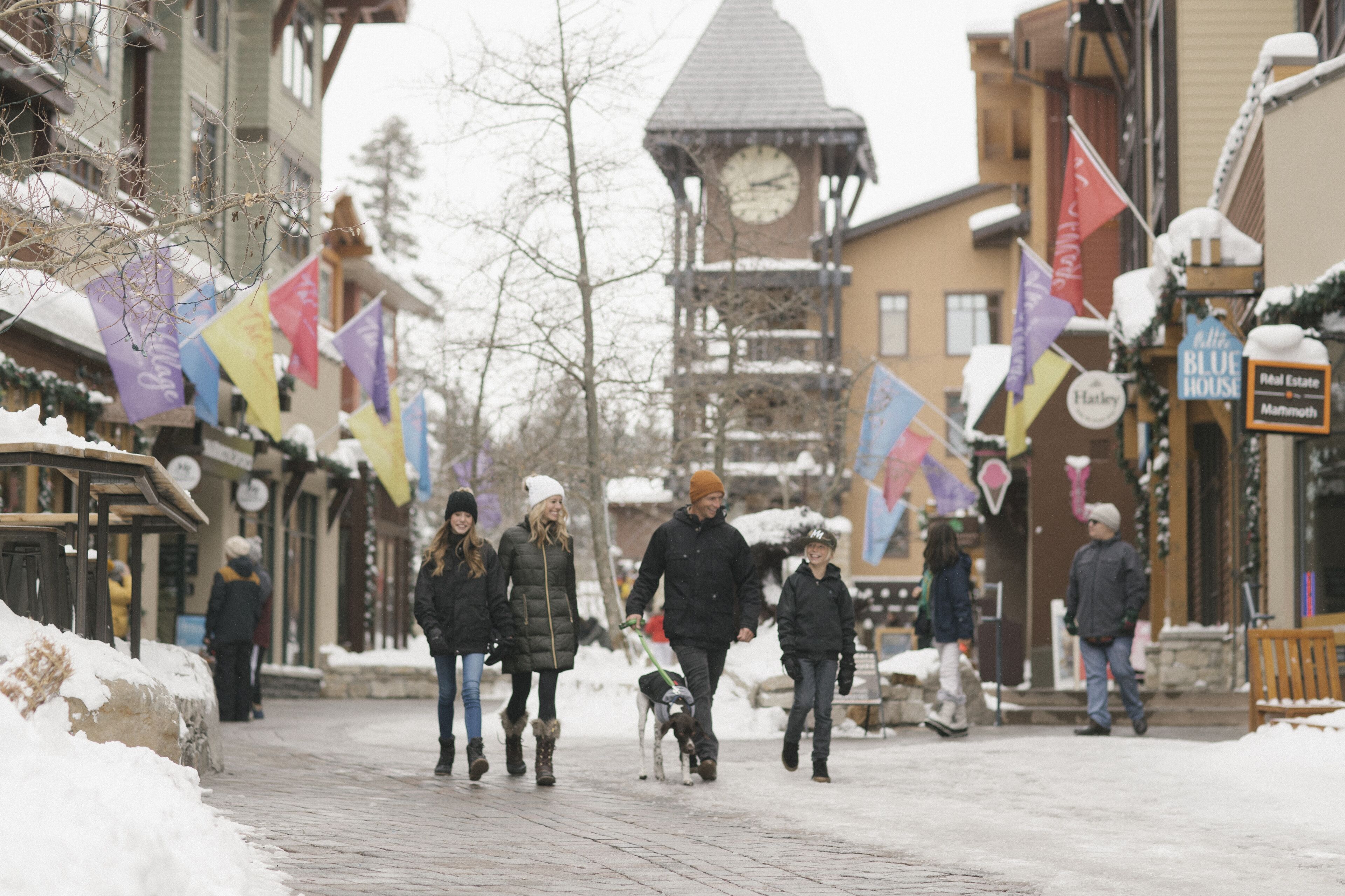 A snow-covered street with buildings and a clock tower.