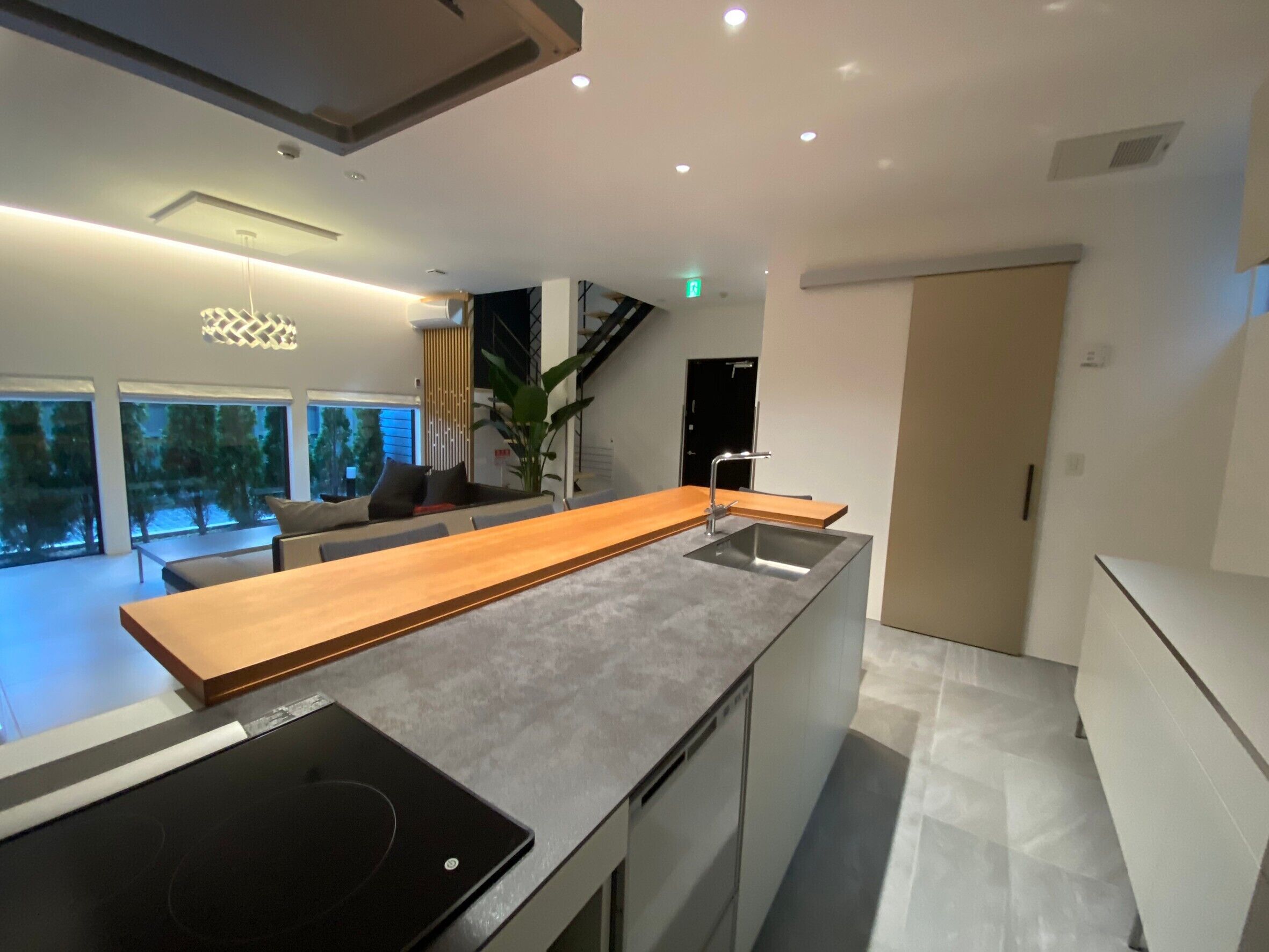 A modern kitchen with a long countertop, built-in appliances, and a view of the living area.