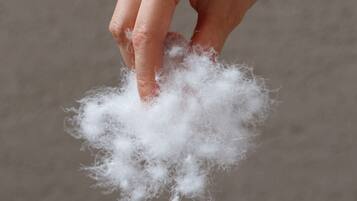 A hand holding a fluffy white material.