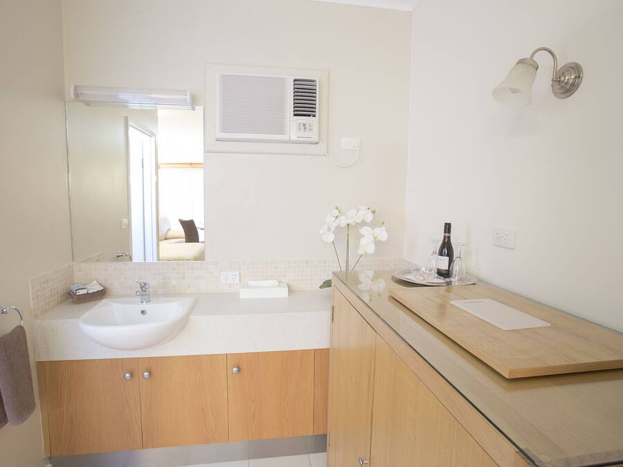 Une salle de bain moderne avec un double lavabo, des meubles en bois, un miroir, un appareil de climatisation et un luminaire fixé au mur.