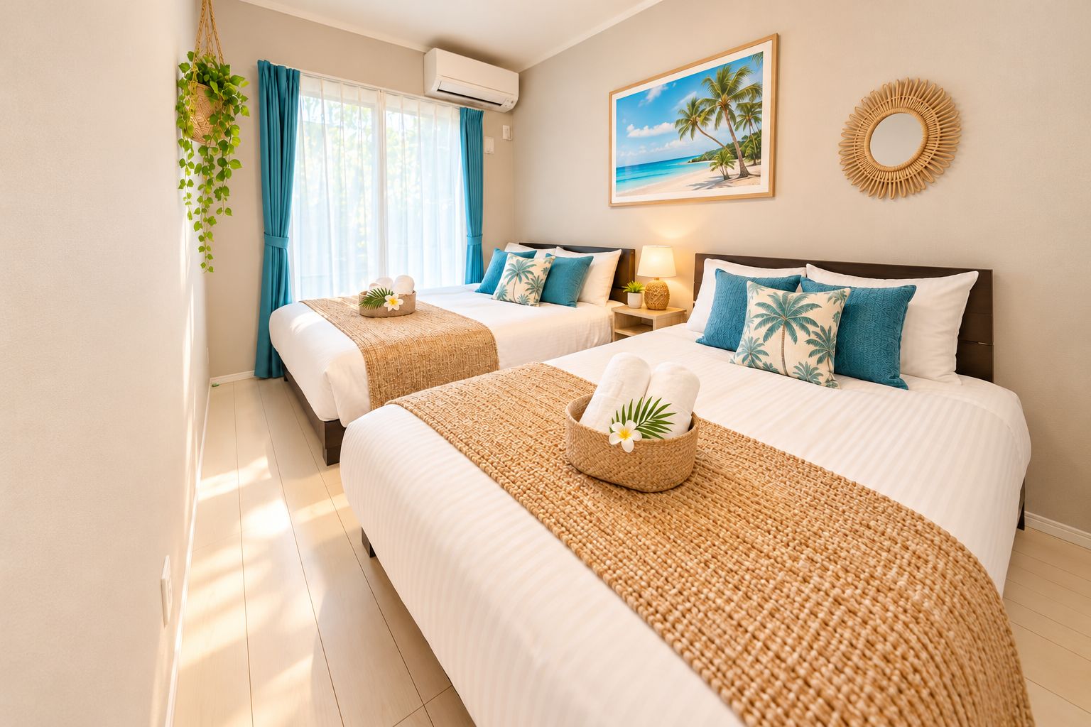 A hotel room with two beds, a window with curtains, a wall-mounted air conditioner, a framed picture of a beach, and a decorative wall mirror.